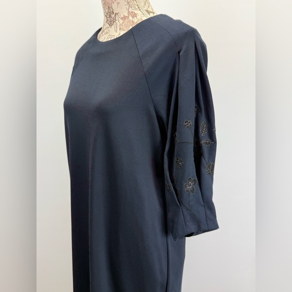 H&M Navy embroidered puff sleeve midi shift dress size M - Picture 3 of 13